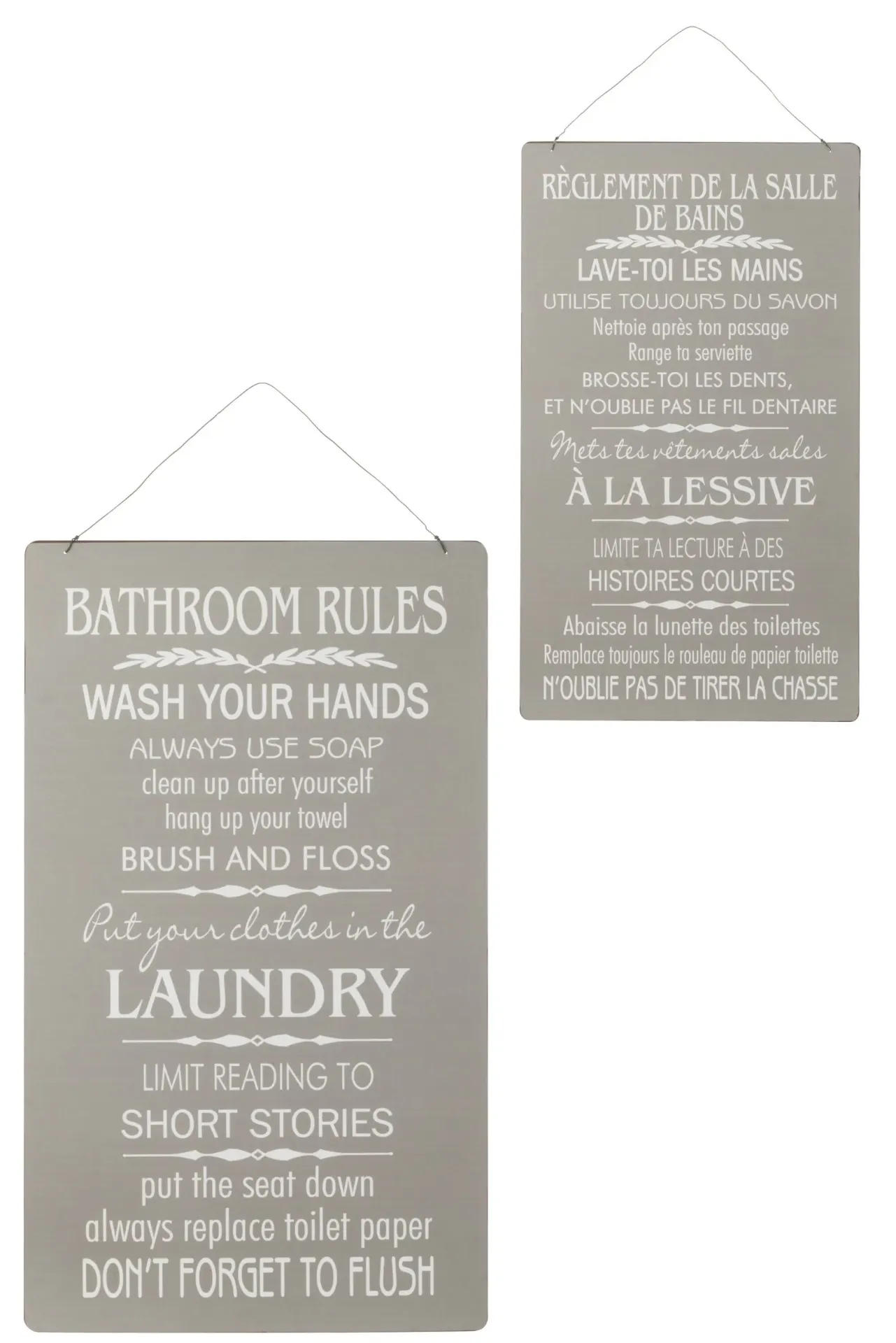 Pancarte Salle De Bain/Bathroom Anglais/Français Métal Gris (56x3x34cm)