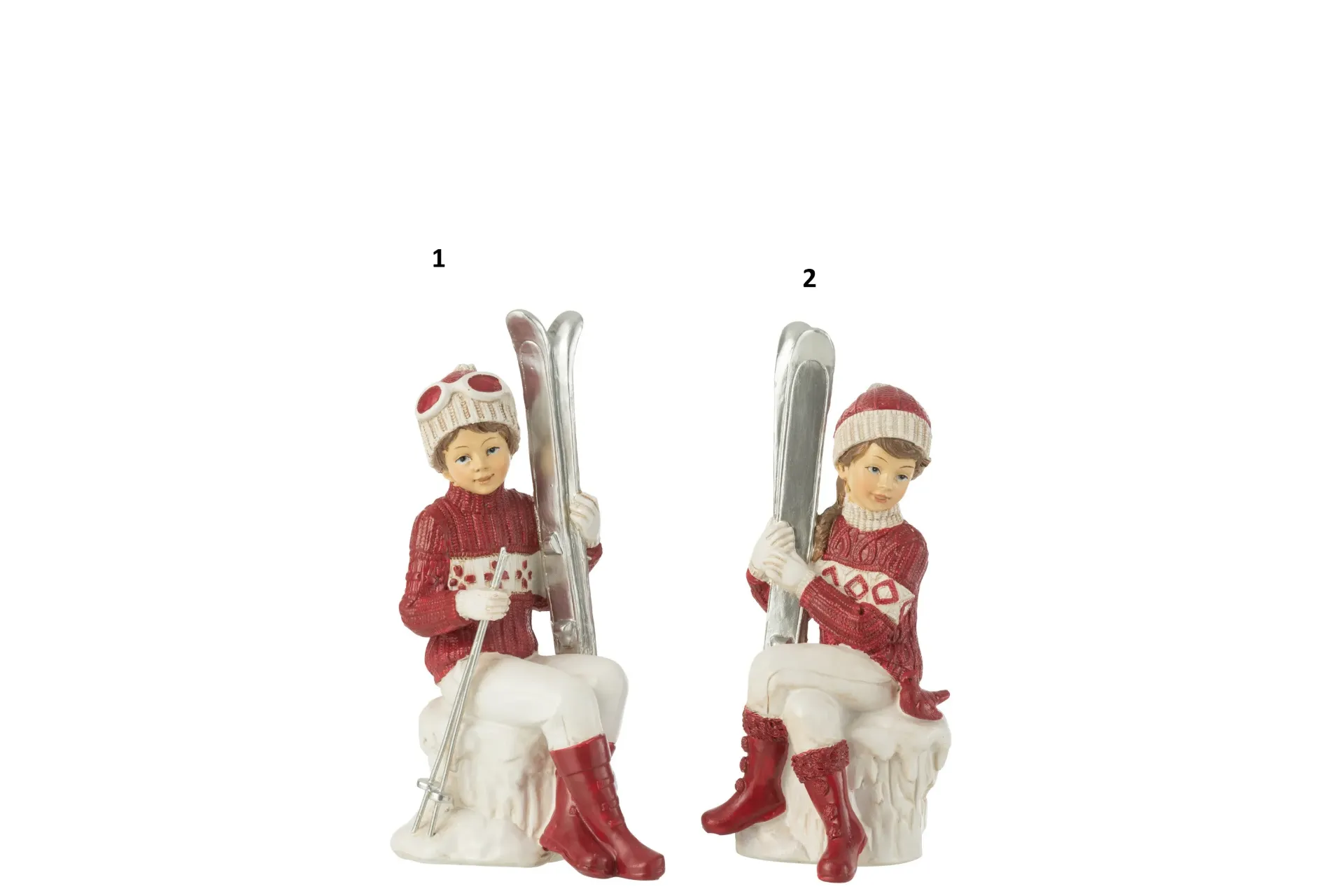 [26913] Fille Et Garçon Ski Assis Blanc/Rouge(10x7.5x17.5cm)