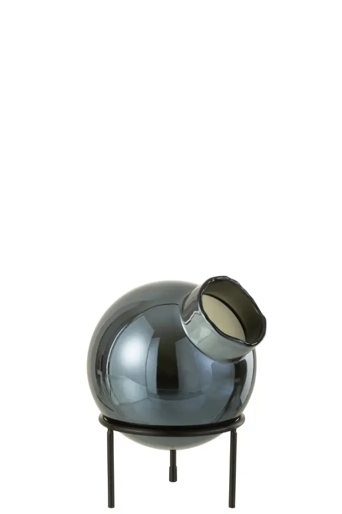 [36344] VASE BOULE VERRE/METAL BLEU/NOIR S (15x15x22cm)
