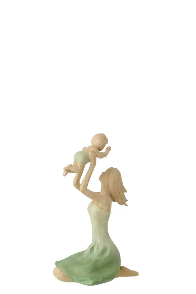 Mère + Bébé Polyrésine Vert/Écru(12x9,5x19cm)