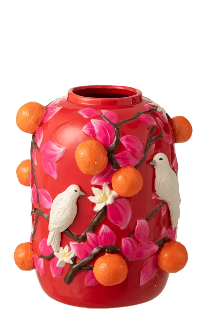 [62964] Vase Oiseau/Oranges Céramique Rose/Orange Small (30x30x35,5cm)