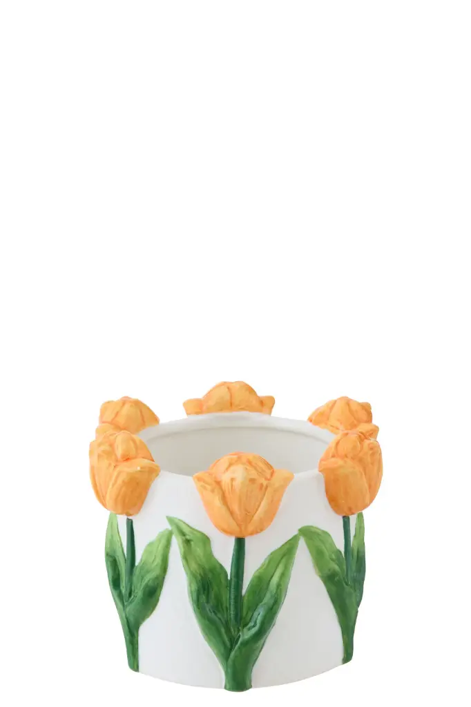 [62972] Cache-pot Tulipe Céramique Blanc/Orange Small(16x16x13cm)