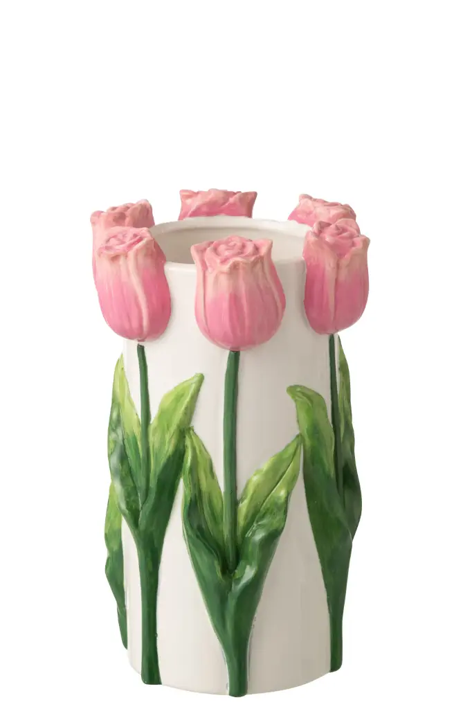 [62976] Vase Tulipe Céramique Blanc/Rose Clair Medium (17x17x27,7cm)