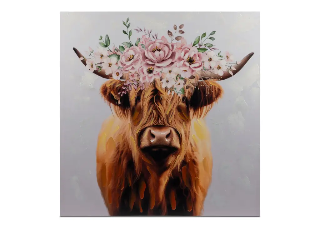 Toile vache écossaise avec chapeau de fleurs.
