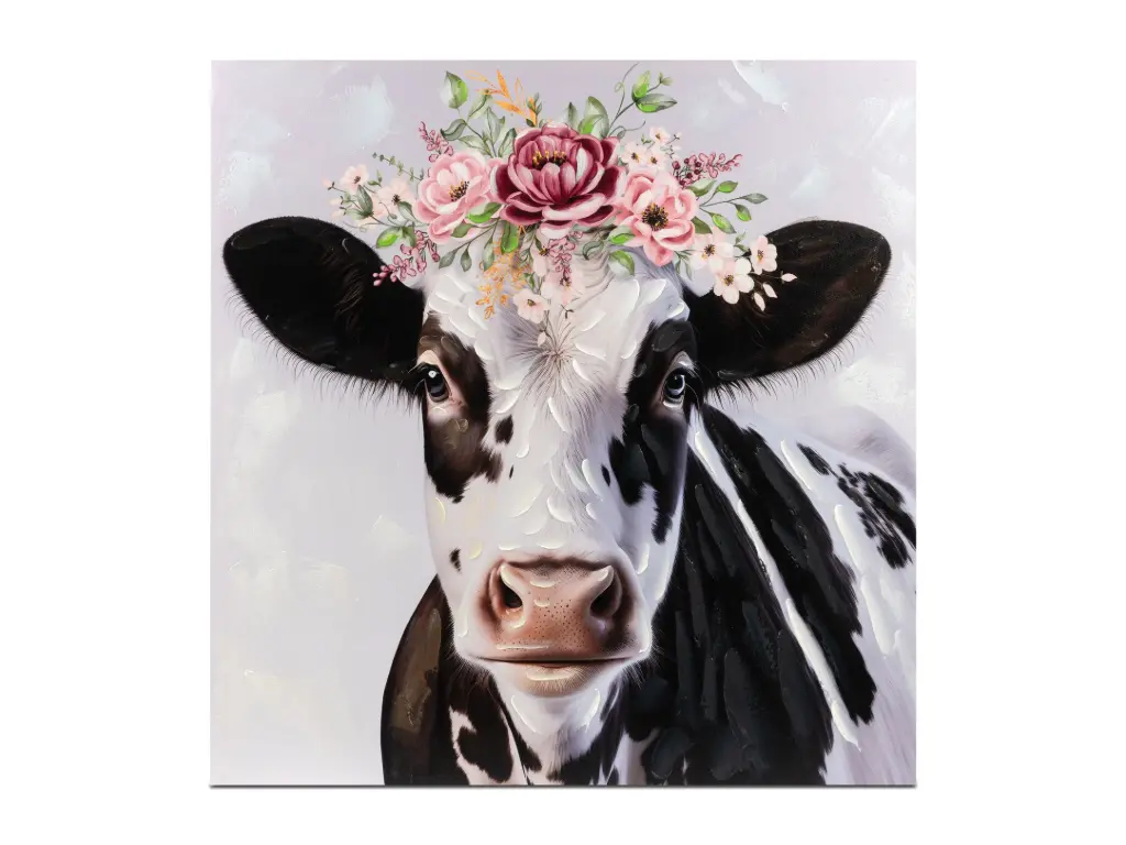 Toile vache normande avec chapeau de fleurs.