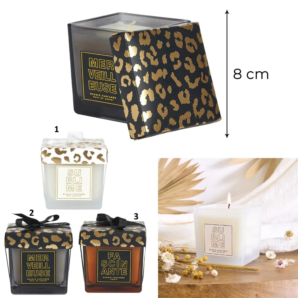 BOUGIE PARFUMEE CARRE 8CM LEOPARD
