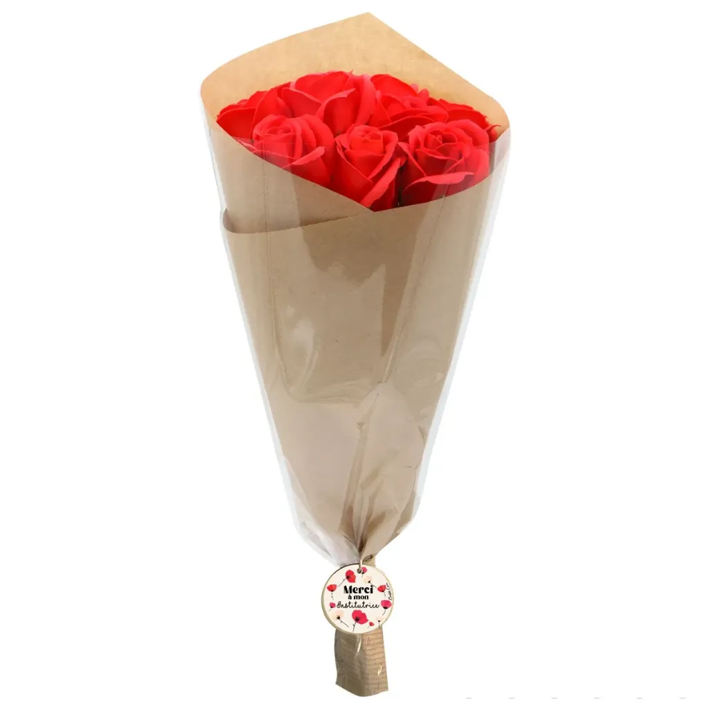 Bouquet 9 roses de savon rouge - Merci à mon institutrice coquelicots