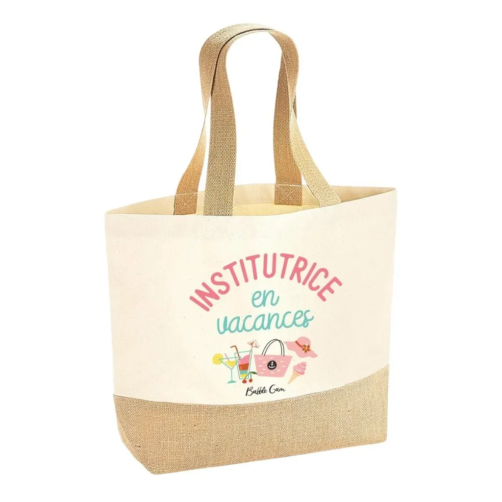 Sac coton/jute naturel - Institutrice en vacances cocktail