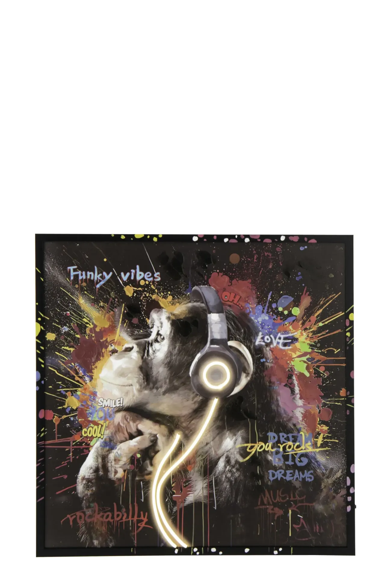 [62349] Tableau Led Monkey Headphone Carré Toile Multicolore (83x3x83cm)