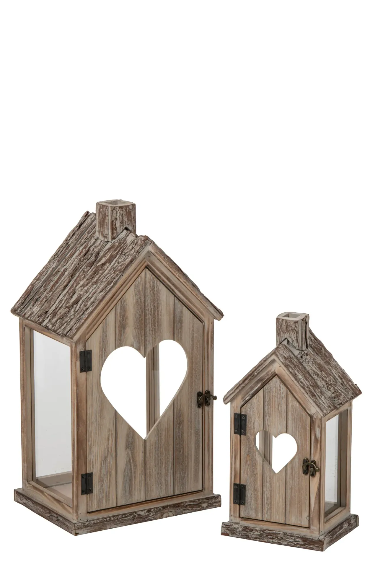 [265754] Set De 2 Lanterne Cœur Bois De Sapin Beige